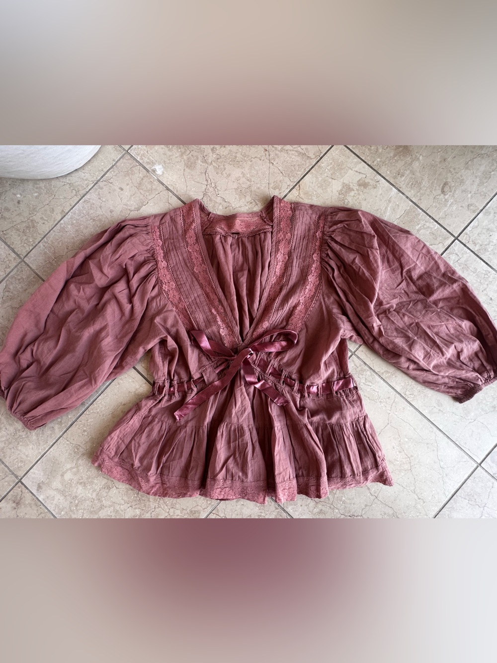 Free People Mauve Lace-Trim Puff Sleeve Blouse